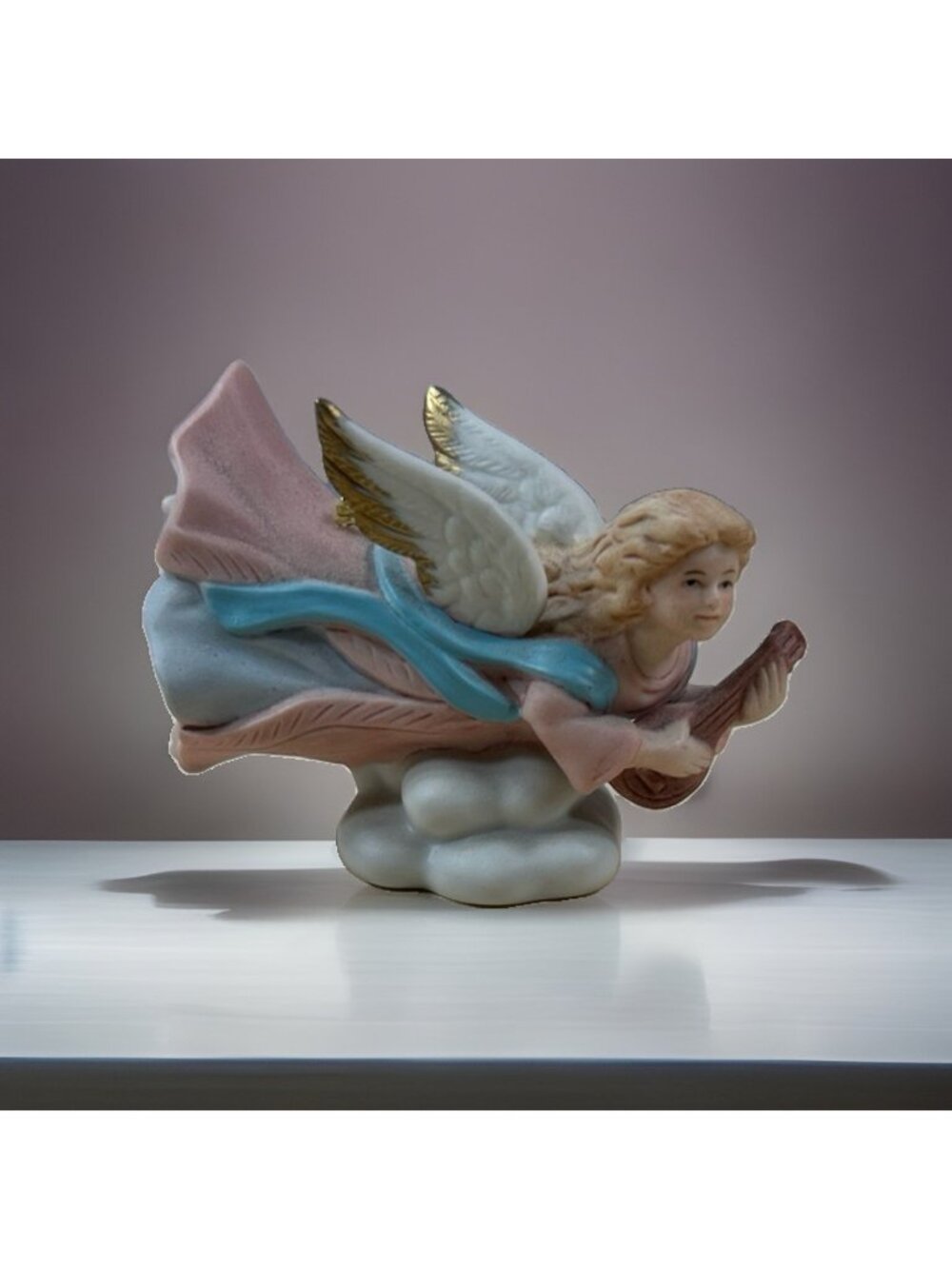 Vintage 3” Homco Christmas Flying Angel Ornament With Instrument On Cloud #5722